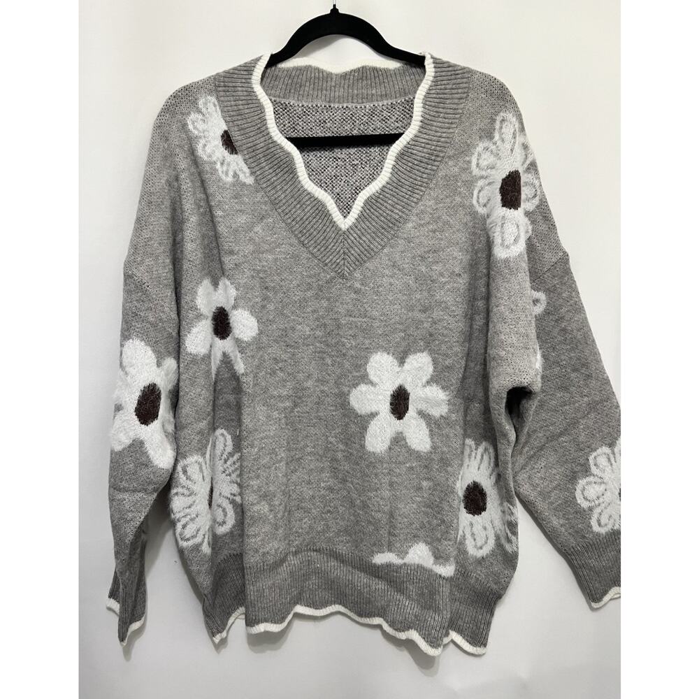 New Women’s Floral Pattern Scallop Trim V Neck Pullover Loose Daisy Sweater 3XL